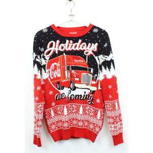 Women's Vintage Coca-Cola "Holidays are Coming" Red Black White Crew Sweater S